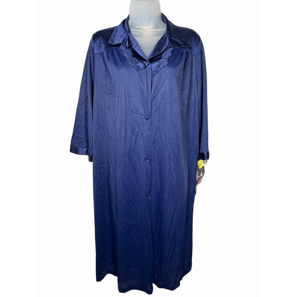 VTG Vanity Fair Navy Blue Nylon Button‎ Front Robe Nightgown Med USA Deadstock